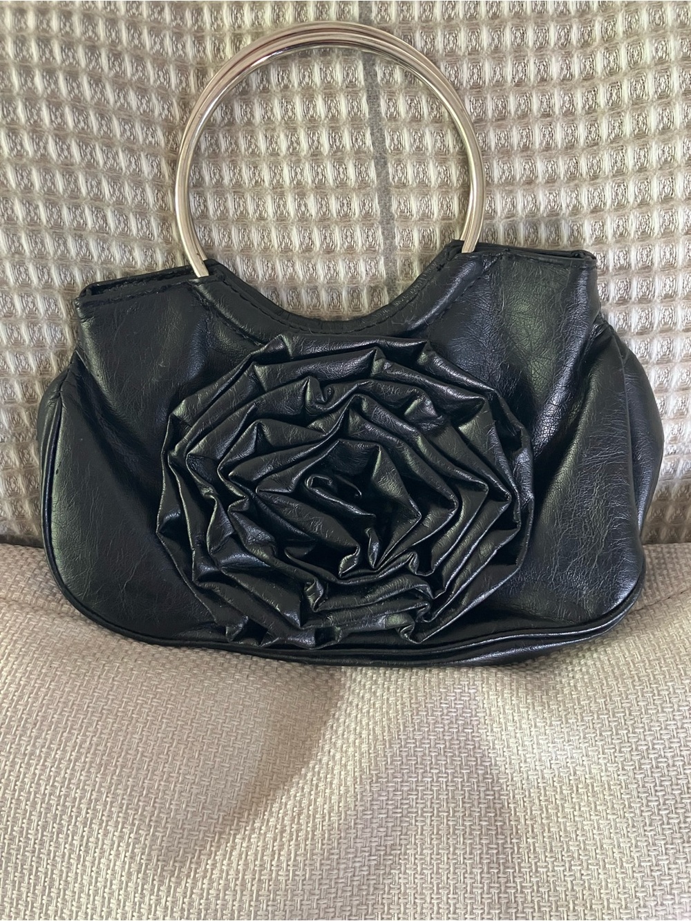 Black Floral Accent Top-Handle Women's Bag